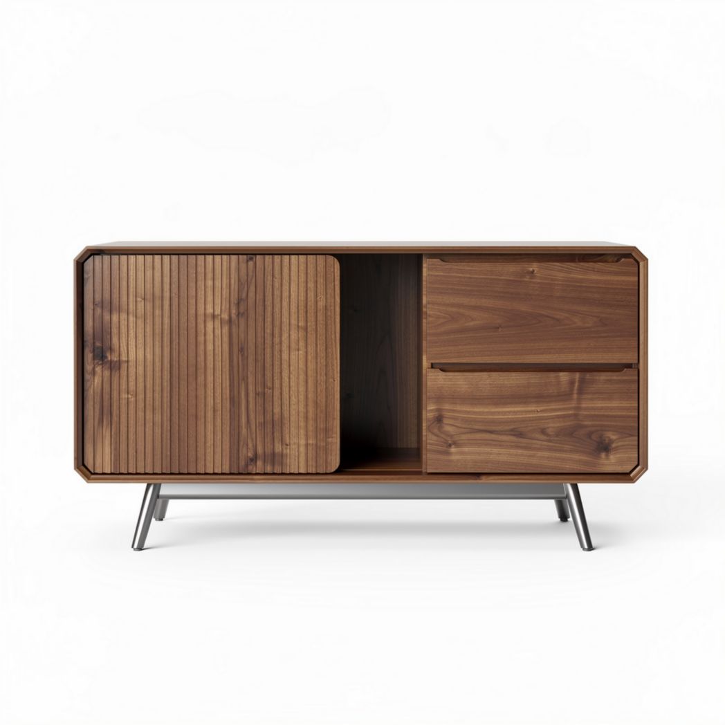 Szafka RTV z drewna orzechowego o wymiarach 120 x 50 x 70cm z metalowymi nogami