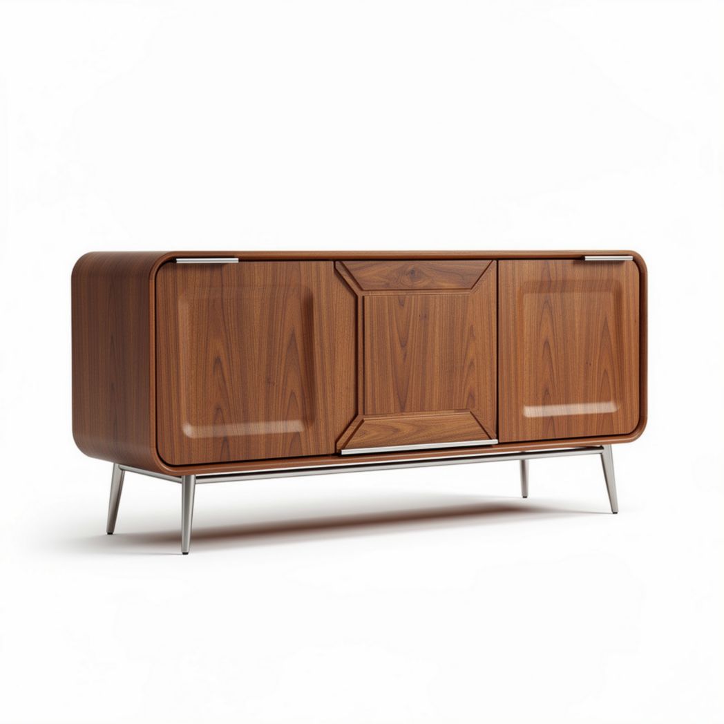 Szafka RTV z drewna orzechowego o wymiarach 120 x 40 x 75 cm z metalowymi nogami